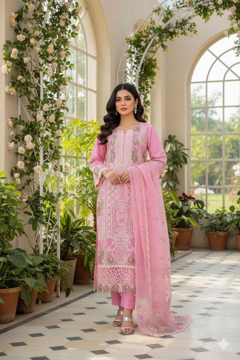 Pink embroidered lawn suit with matching trousers and dupatta in elegant indoor garden setting